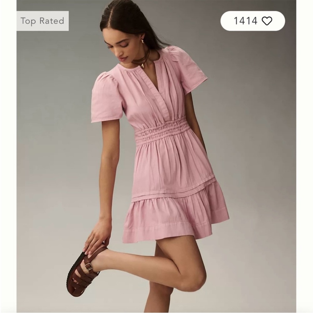 Anthropologie Blush Pink Short Sleeve Smocked Mini Dress